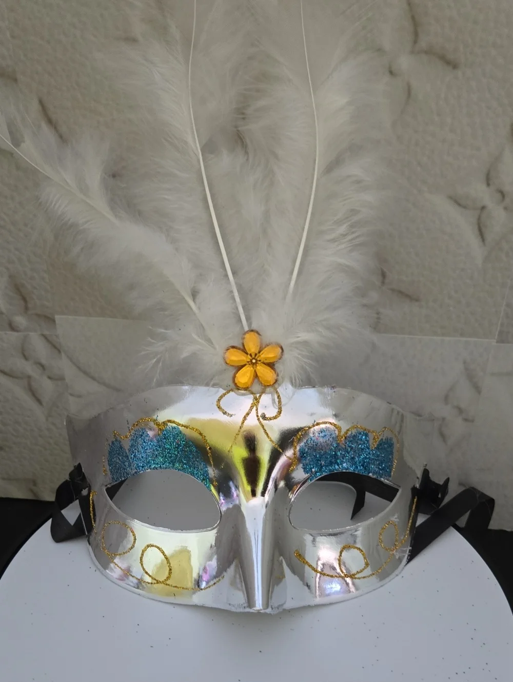 Silver Mardi Gras Feather Mask with Blue Accents